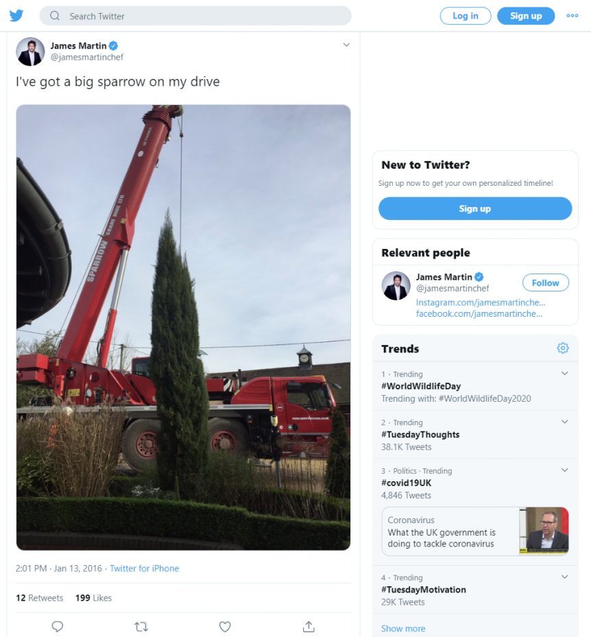 Chef James Martin tweets the arrival of Sparrow Crane on his drive