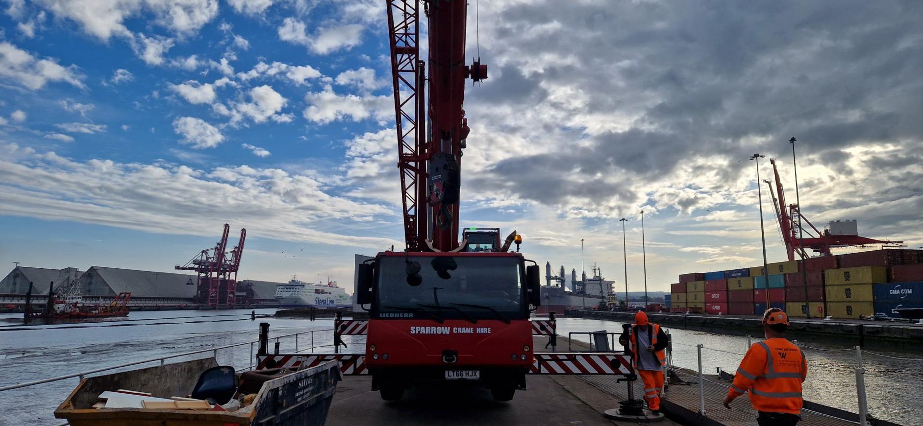 A late evening crane lift at Bristol Port Sparrow Crane Hire