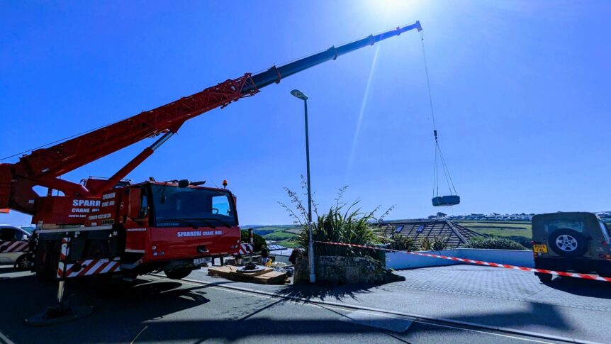 crane lifting River Gannel Newquay