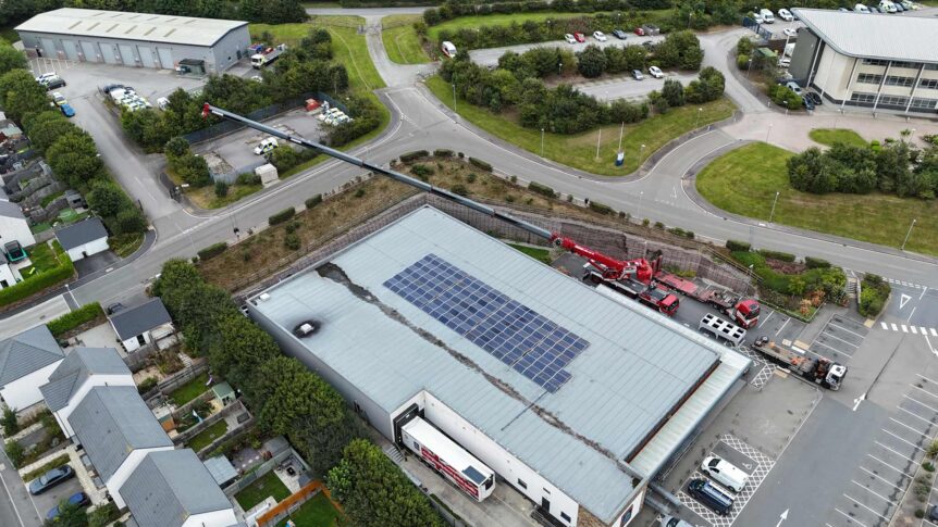 Drone view of Liebherr LTM1300-6.3 lifting chiller in Bodmin, Cornwall