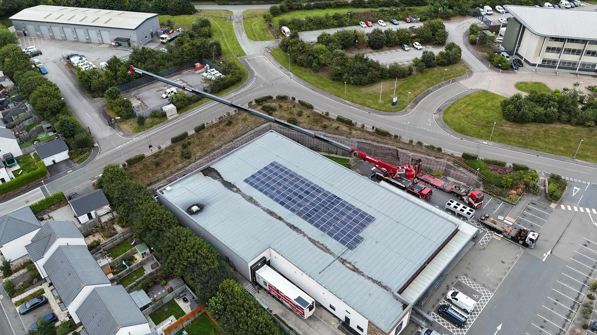 Drone view of Liebherr LTM1300-6.3 lifting chiller in Bodmin, Cornwall